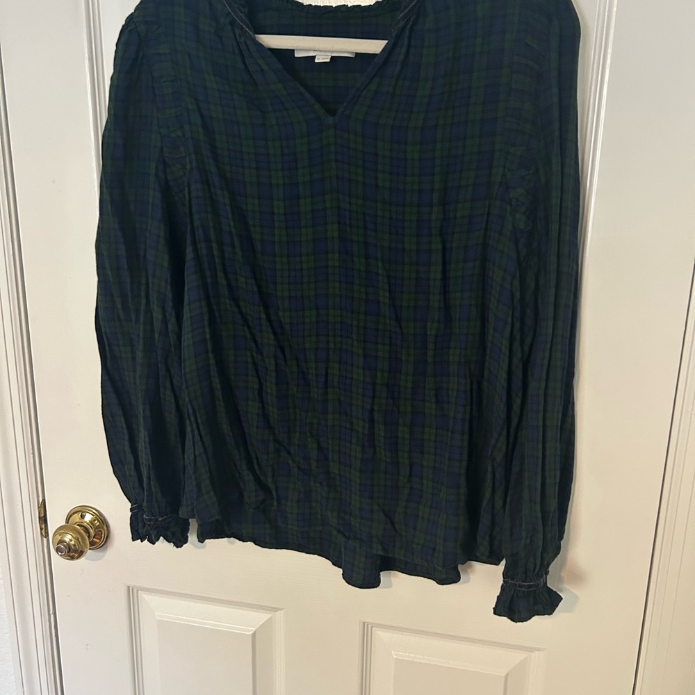 LOFT Blue and Green Plaid V-Neck Blouse